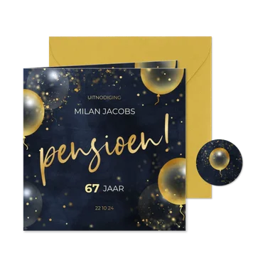 Feestelijke uitnodiging pensioen met gouden ballonnen